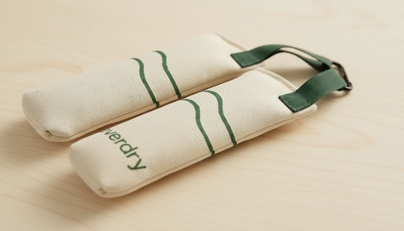 Two white bags with green straps and 'Everdry' branding on a beige background